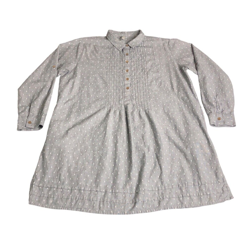 Embellish Mini Shirt Dress Womens L Gray Cotton Tunic Cottage Lagenlook Coquette